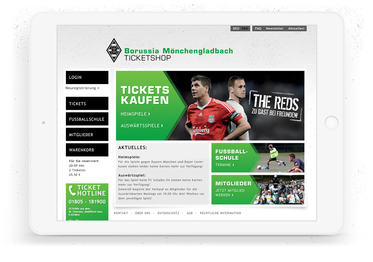 Startseite des Ticketshops vom Vfl Borussia Mönchengladbach