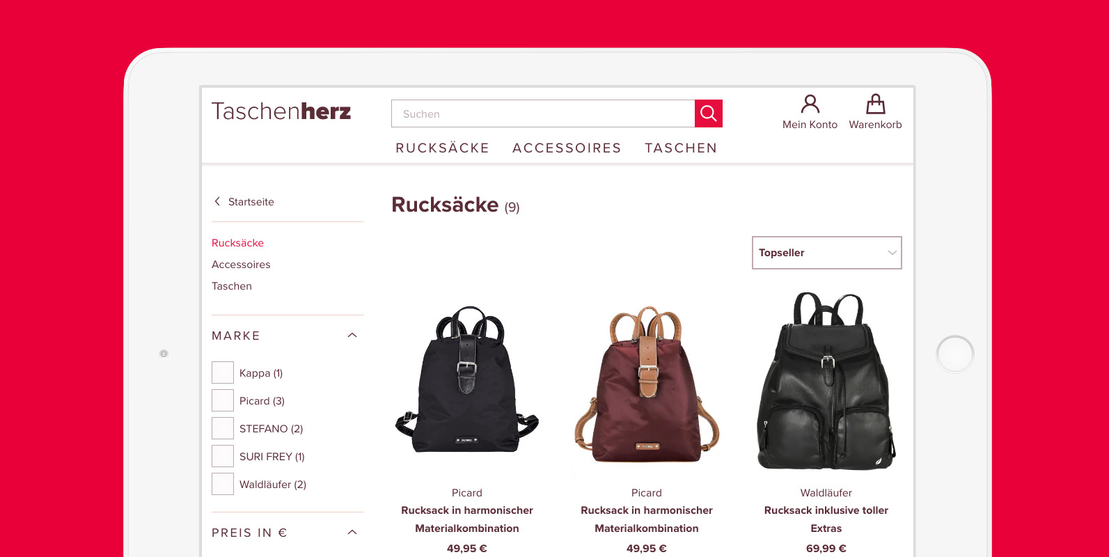 Taschenherz Produktübersichtsseite