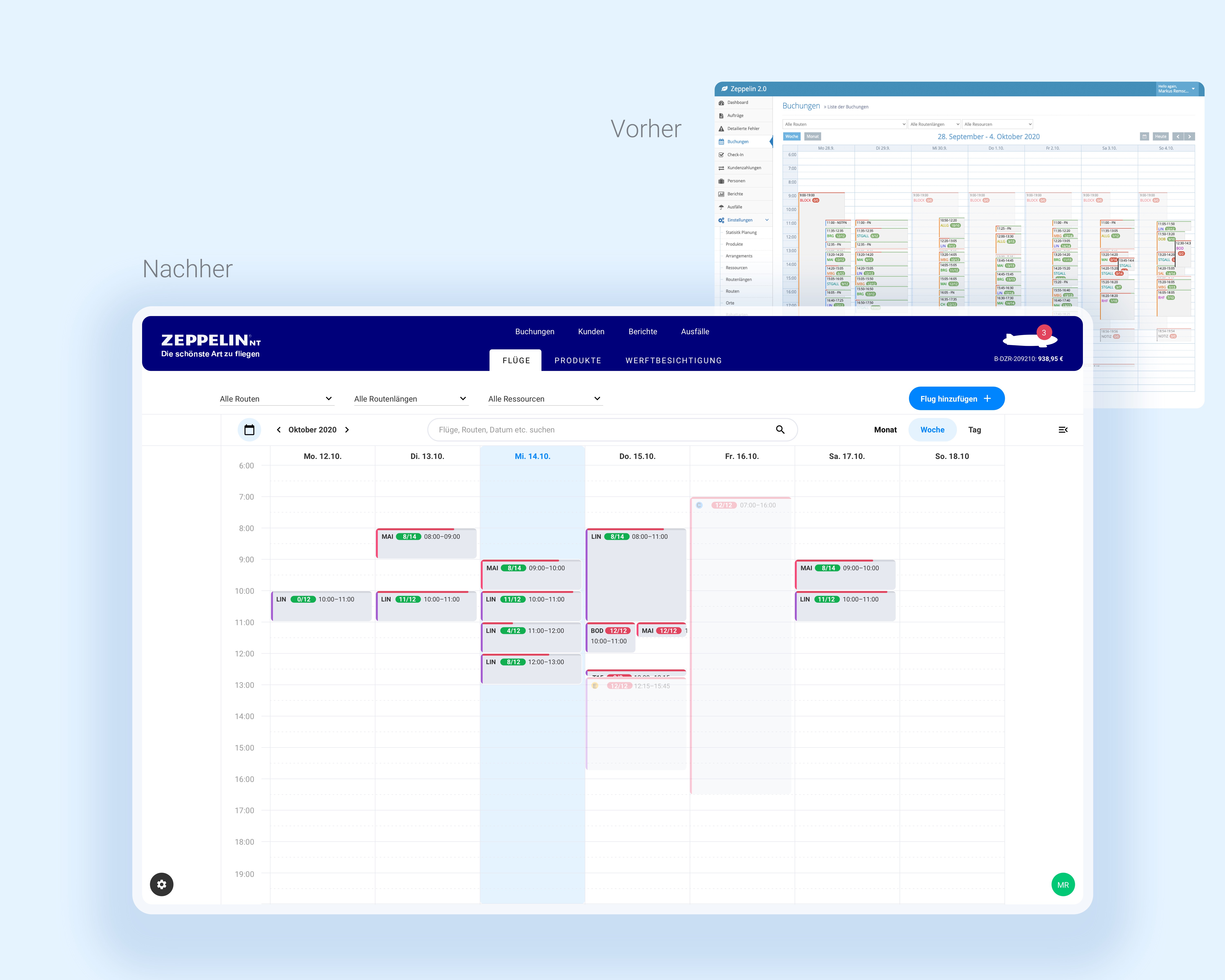 Bildschirmdarstellungen des Kalenders einer Registrierungssoftware im Vorher-Nachher-Vergleich