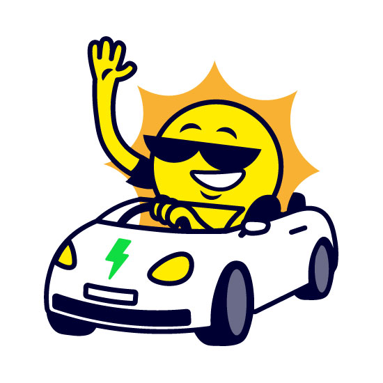 Das evcc-Maskottchen: die fahrende Sonne im Elektro-Cabrio