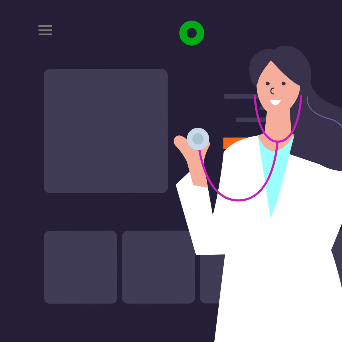 Illustration: Eine Ärztin steht mit Stethoskop vor einer Webseite