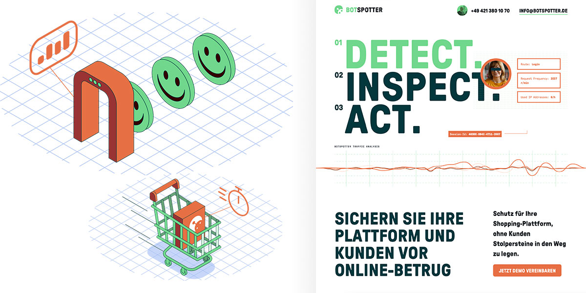 Botspotter - Illustrationen und Screenshot der Landingpage