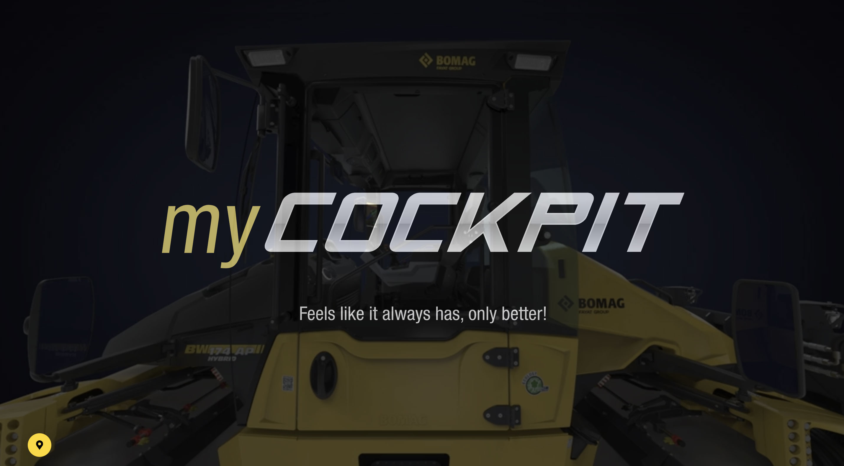 BOMAG myCockpit Scrollytelling-Page: Intro-Screen mit myCockpit-Logo