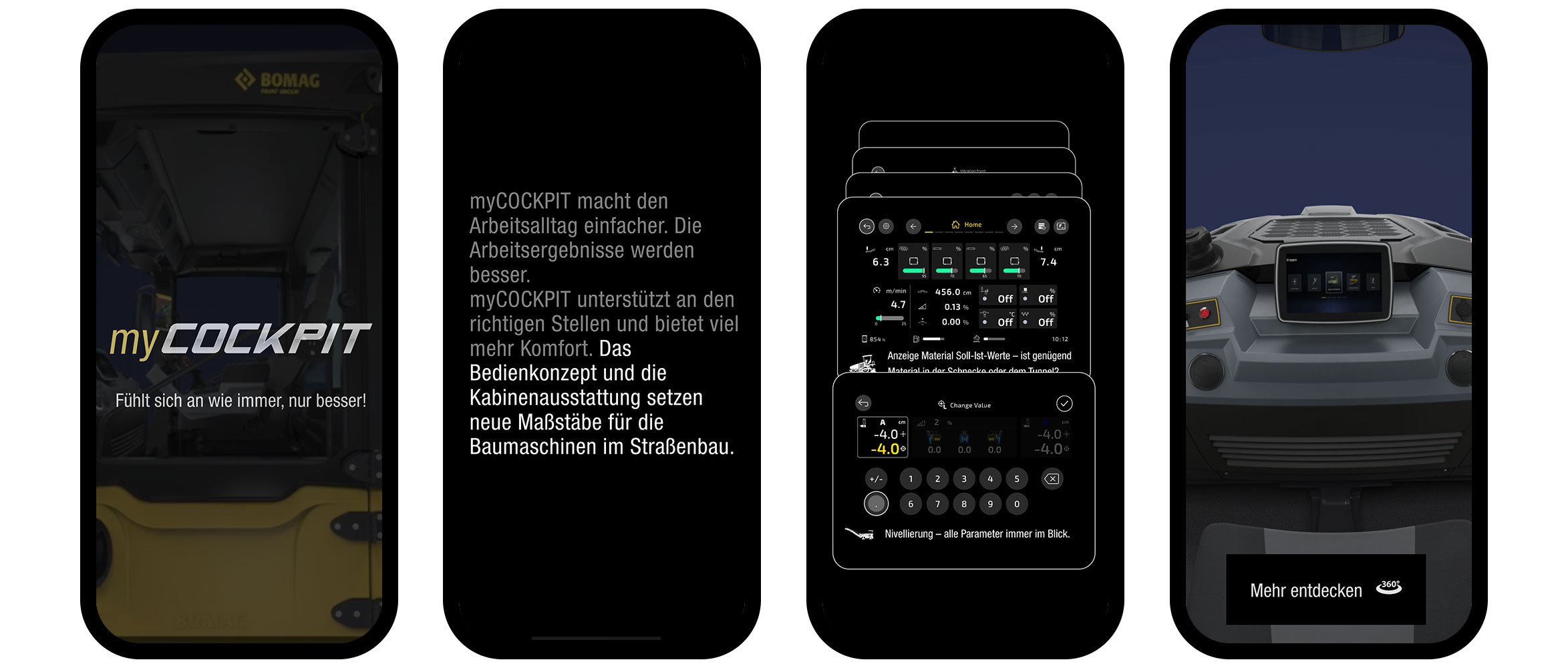 BOMAG myCockpit Scrollytelling-Page: 4 mobile Ansichten im Hochformat auf dem Smartphone.
