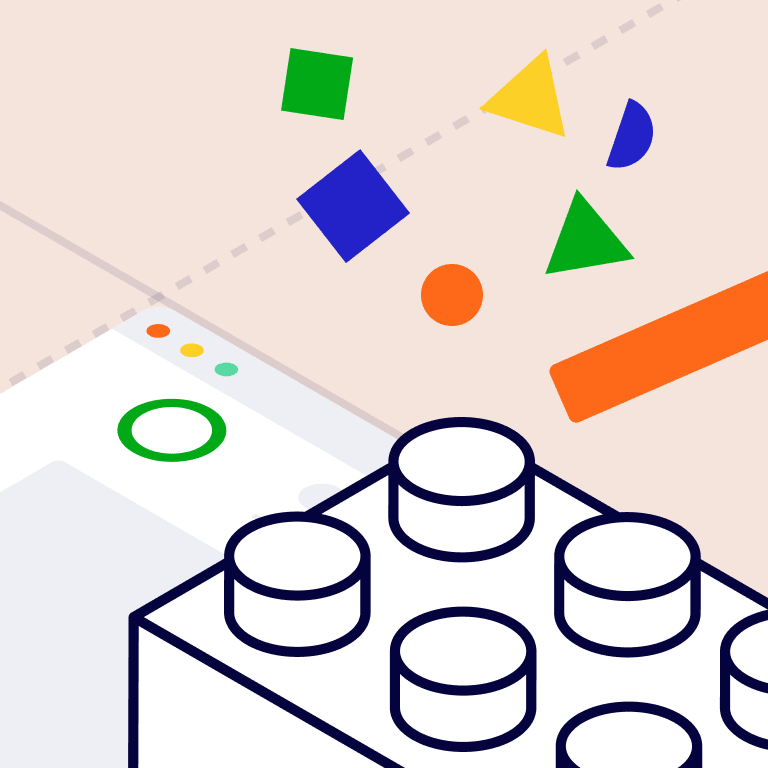 Illustration zum Thema: "Warum sich Designsysteme und Barrierefreiheit perfekt ergänzen". Es stellt auf grafische Weise die Bausteine eines Designsystems dar.